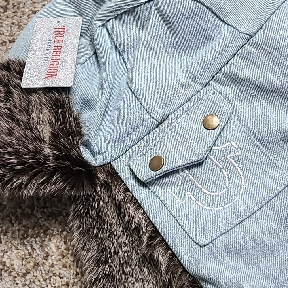 True Religion Light Blue Denim Trapper Hat with Brown Fur - Picture 2 of 4